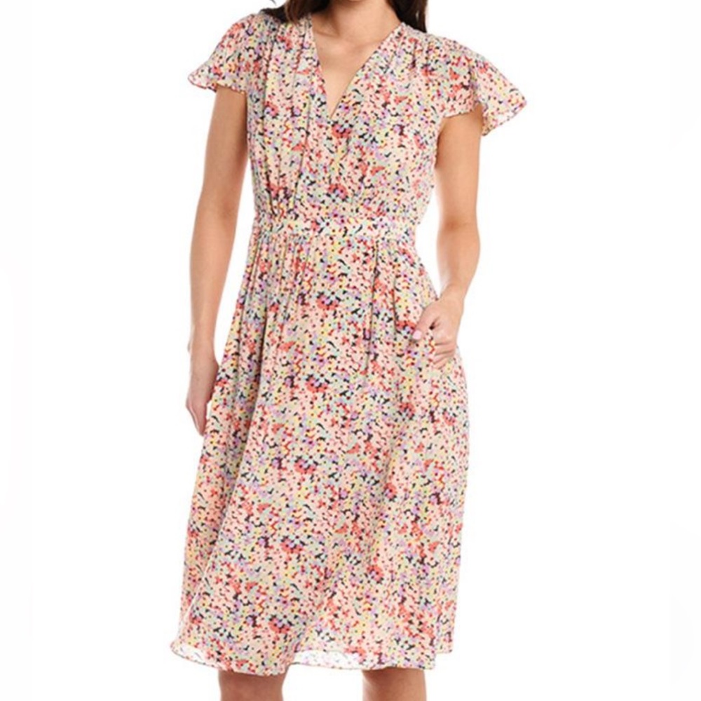 Rebecca Taylor Dress Size 12 Silk Floral Wrap Over Flutter Sleeves Preowned